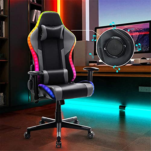 HomeMiYN Chaise de Gaming Chaise de Jeu Réglable en Hauteur avec Coussin Lombaire, Design Ergonomique Professionnelle avec Lumière Surround Multicouleur LED et Haut-Parleur Bluetooth 5.0 (Gris Noir)