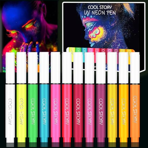Face Paint Pen Kit Under UV Light Neon Glow In the Dark 12PCS | Water-Resistant Rainbow Colors Smudge Proof WaterProof Body Painting for Kids Tattoo Skin Markers Eye Makeup Halloween
