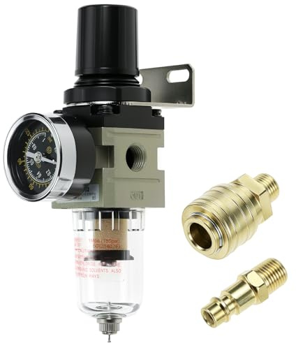 QWORK® Druckluft Wasserabscheider, 1/4 Druckminderer mit Messing Fittings, Druckregler, für Kompressor