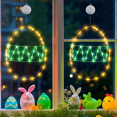 Hekasvm Osterdeko Led Fensterdeko Licht 2 Stück Ostern Deko Fenster Beleuchtung mit Saugnäpfe und Timer, Ostereier Fensterbeleuchtung Innen, Metall Farbige Ei Lampe, Batterieantrieb (B)