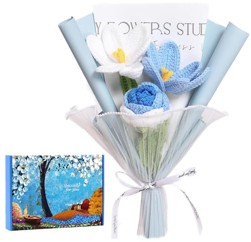 Lotvic Häkelblumenstrauß, Blau Rosen & Tulpen Häkelblumenstrauß mit Geschenkbox, Häkelblumen Blumenstrauss Künstlich, für Jubiläen, Muttertag, Valentinstag, Abschlussfeiern