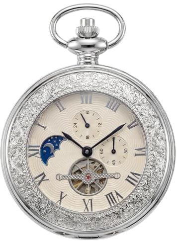 OBTAIN Vintage Mechanical Pocket Watch - Exquisite Double-Sided Floral Engraved Case, Single Hunter Skeleton Design, Antique Silver Hand-Winding Watch with 25cm Chain, Gift Box for Men