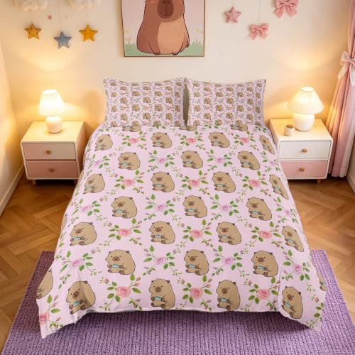 Homemissing Rosa Floral Fisch Capybara Bettwäsche 135x200cm Maritimes Blumen-Motiv für Mädchenzimmer,Bettbezug weiche Oberfläche,praktischer Reißverschluss mit 1 Kissenbezug