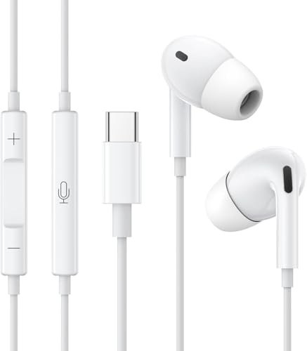USB C Kopfhörer mit Kabel für iPhone 17 16 15 Pro Max/Plus iPad Pro,Type C in Ear Kopfhörer mit Mikrofon und Lautstärkeregler HiFi-Stereo Kabelkopfhörer für Samsung S25 S24 S23 Ultra/Pixel,Weiß