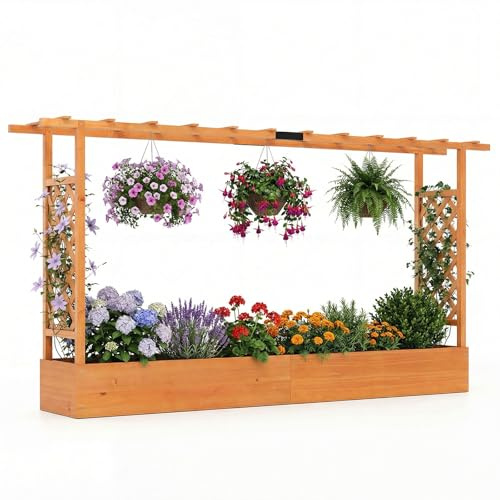 COSTWAY Blumenkasten mit Rankgitter, Pflanzkasten mit Rankhilfe & hängendem Dach, Hochbeet für Kletterpflanzen & hängende Körbe, Sichtschutz Pflanzkübel, für Garten Hof Terrasse (220x35x114 cm,Orange)