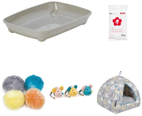 Petface Kitten Starter Bundle - Includes Single Litter Tray with Shallow Sides 37cm, Drawstring Cat Litter Tray Liners, Igloo Kitten Bed, Mouse Face Toy with Bell & Pom Poms with Catnip