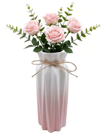 Vase 21cm Hoch Glasur, Blumenvase Modern aus Keramik mit Juteschnur, Deko Vasen für Pampasgras Blumen Trockenblumen, Boho Vase für Home Wohnzimmer Esstisch Büro Dekor (Rosa)