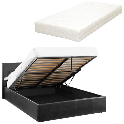 Direct Furniture Suppliers LUNA 4FT Small Double Faux Leather Ottoman Storage Bed Gas Lift Up (H: 88.5cm x W: 138cm x L: 203cm) and 20cm Thick Spring & Memory Foam Mattress (Black)