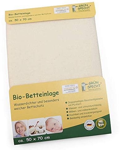 GRÜNSPECHT Bio-Betteinlage 50x70cm, Matratzenschutz, 100 % Baumwolle (kbA) mit PU-Kern, kochfest & trocknergeeignet, wasserdicht & urinundurchlässig (615-00)