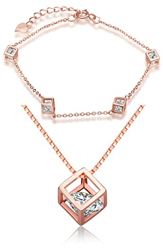 Yumilok Roségold 925 Sterling Silber Zirkonia Würfel Charm Armband Halskette Schmuck Set Armkette & Kette mit Anhänger Set für Damen Mädchen