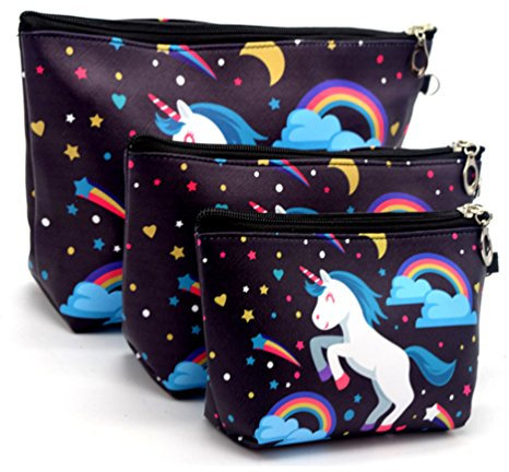 Freessom Lot de 3pcs Trousse De Maquillage Femme Fille Motif Licorne Hiboux Flamant Kawaii Originale Pochette Portable Organiser Sac Cosmétique Voyage Rangement de Toilette Cadeau (Noir)