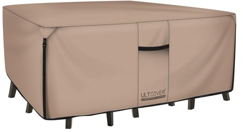 ULTCOVER Rectangular Patio Heavy Duty Table Cover - 600D Tough Canvas Waterproof Outdoor Dining Table and Chairs General Purpose Furniture Cover Size 111L x 74W x 28H inch