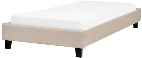 Beliani with Slatted Base Upholstered Sturdy Frame Bed Without Headboard 90x200 Cm Eu Single Fabric with Wood Legs Beige & Brown Roanne