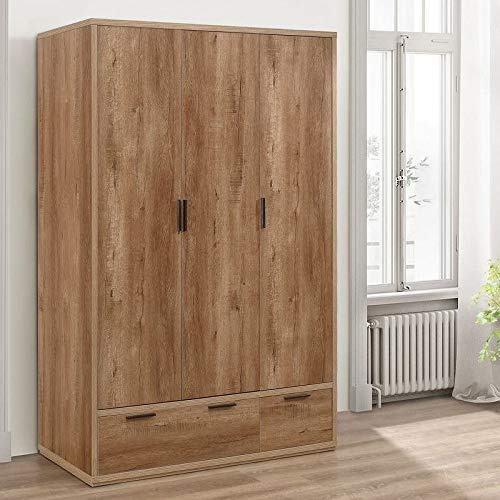 happybeds Stockwell Rustic Oak Wooden Wardrobe, 3 Doors, 185 x 120 x 58 cm