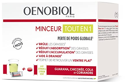 OENOBIOL - Compléments Alimentaires - Minceur – Minceur tout en 1 – Perte de poids – Aide à drainer – Ventre plat – Programme de 1 mois – Boîte de 60 comprimés et 30 sticks