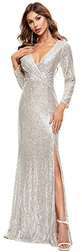 Ever-Pretty Fendue Robe de Soirée à Paillettes Manches Longues Femme Col en V Élastique Champagne 44