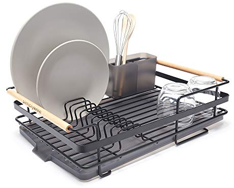 simplywire – Retro Premium Dish Drainer – Plate Drying Rack with Cutlery Holder & Drip Tray - Black Powder Coated Steel
