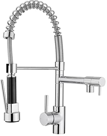 JASSFERRY Flexible Spring Pulldown Spout Kitchen Sink Mixer Tap Single Lever with High Arc Pull Out Spray Monobloc Swing Arm Chrome (Two Spout)