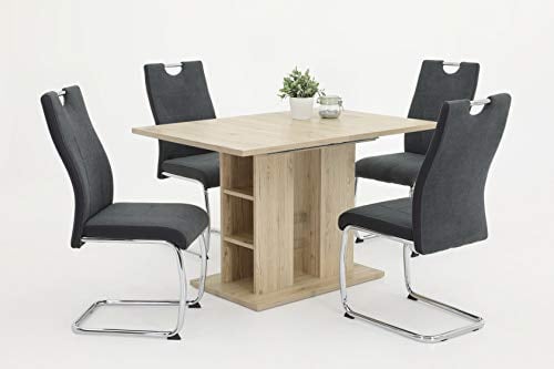 Hela Tische, 5-TLG Essgruppen Alina, Säulentisch Sanremo Eiche 120-180x80cm und 4x Schwingstuhl Anthrazit, Metallgestell Chrom