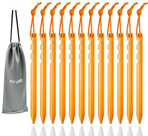 Aluminum Alloy Tent Stakes Pegs, 12-Pack Aluminum Ground Pegs with Reflective Pull Ropes, Lightweight Metal Stakes Pegs for Camping Tents Hammocks (Orange)