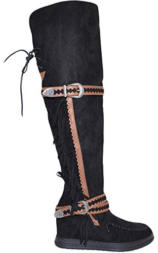 Stivali Donna Indianini Nero Scamosciati Alti sopra al Ginocchio Frange Zeppa Interna 5 cm Cinturino Fibbia Moda (38 EU)