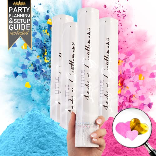 PrimePure Cañónes de Confeti para Revelacion Genero Bebe - Polvo Biodegradable y Cañón Confeti en Forma de Corazón - Rosa y Azul, Pack 4 - Gender Reveal Confetti Cannon para Anunciar Niño o Niña