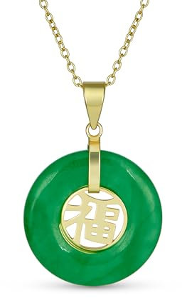 Bling Jewelry Collier De Style Asiatique Avec Disque Rond En Forme De Beignet, Symbole Chinois De La Bonne Fortune Et De Fu Teint En Vert Collier Pour Femmes En Argent Sterling Plaqué Or 14K