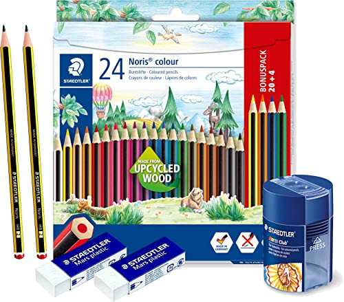 STAEDTLER Doppelspitzdose Noris Club, Rund, Anspitzer + 24er Etui Farbstift Noris® colour Buntstifte + 2 HB Bleistifte + 2 Radierer