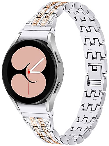 Miimall Metal Strap for Samsung Galaxy Watch 7 FE 6 5 40m 44mm /6 Classic 43mm 47mm/5 Pro 45mm/4 Classic, Bling Rhinestone Zinc Alloy Band Women Girls Adjustable Replacement Band, Silver+Rose Gold