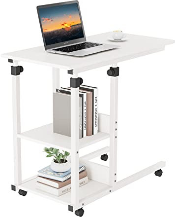 Dripex Scrivania per Computer con Ruote Tavolino 80x40x89 cm Altezza Regolabile Tavolo PC Salvaspazio Mobile per Laptop con Ripiani per comodino, tavolino da caffè, camera da letto (Bianco)