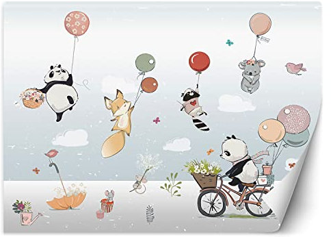 Feeby Papier Peint Intissé Les animaux Enfants Ballons 150x105 cm multicolore XXL Moderne Décoration Murale Tableaux Muraux Tapisserie Salon Chambre à coucher Panda Koala Fox Raton laveur