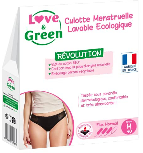 Love & Green - Culotte Menstruelle Lavable Ecologique, coton BIO - Taille M (40) - Gestion discrète des flux - Confort en coton bio - Absorption optimale de 8 heures - Design élégant