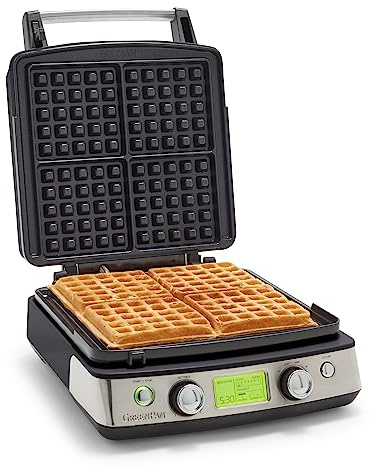 GreenPan Elite 4 Square Belgian Waffle Maker, Healthy Non-Stick Ceramic Dishwasher Safe Plates, Adjustable Controls for Color and Temp, No Overflow, Easy to Clean, Black