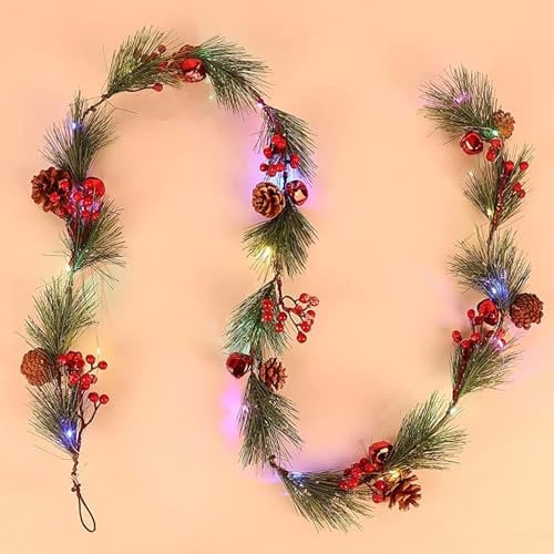 6FT Christmas Garland with 8 Light Modes, Prelit with 18 LED Lights, Branches Berries Bells Snowflake Pine Cones for Window Fireplace Door Stairs Indoor Outdoor Decoration