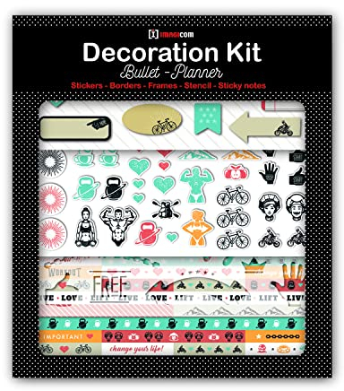 Deko-Set für Bullet Journal und Planer mit Thema Fitness Größe 30 x 34 cm. Stickers, Sticky Notes, Stencil.