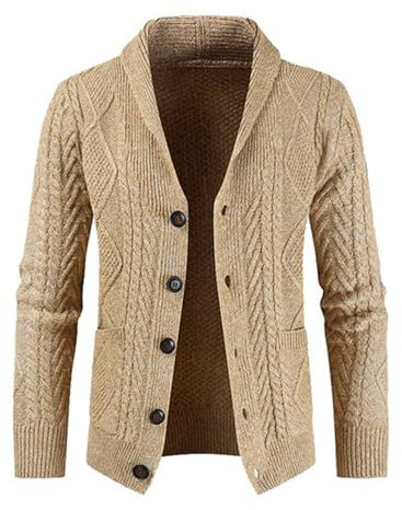 Meilicloth Mens Classic Casual Long Sleeve Shawl Collar Buttons Down Cable Knit Cardigan Sweater for Men with Pockets