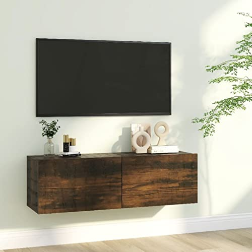 homiuse TV-Wandschrank Räuchereiche 100x30x30 cm Holz HäNgende TV-Schrank HäNgeschrank Wohnzimmer MöBel Tv Lowboard HäNgend Fernsehtisch Fernsehschrank BüCherregal Schrank 2 Fächer mit Klapptüren