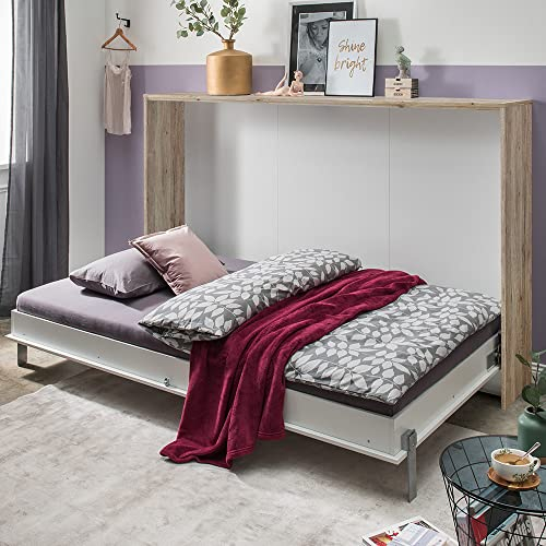 Lomadox Schrankbett 140x200 cm Eiche weiß mit Lattenrost Jugendbett Gästebett Klappbett Raumsparbett Wandklappbett