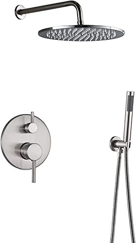 DERBUT Duschsystem, Wandmontage, Duscharmatur-Set, Messing-Regendusche, Combo-Set, Wanne und Brausegarnitur aus gebürstetem Nickel, mit Handbrause und Regenduschkopf, Einhandgriff, 20,3 cm