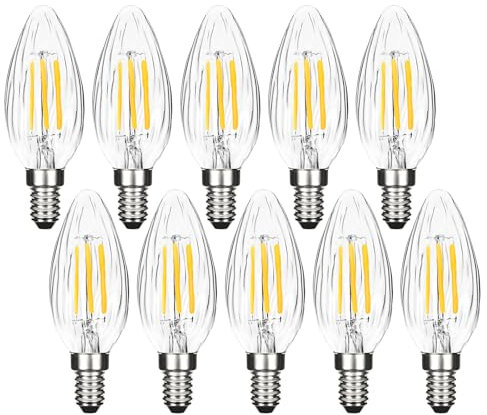 BRIMAX E14 LED Candle Bulbs Dimmable 4W, 40W Equivalent, Soft Warm White 2700K, Flame Wrinkle Glass Shell, Small Edison Screw SES Chandelier Bulbs, C35 LED Filament Candelabra Bulb, 10Pack