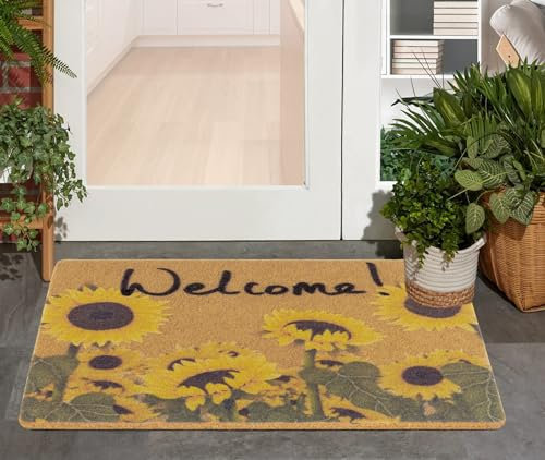 HilyBony Zerbino con girasole di benvenuto per ingresso esterno, in fibra di cocco artificiale, decorazione per la casa per portico (76 x 43 cm)