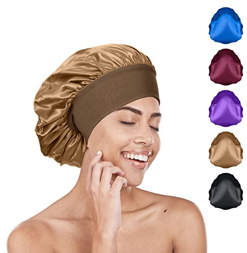 AKHTART Gold Silk Hair Wrap for Sleeping, Satin Bonnet Sleep Cap for Curly Hair, Night Caps with Wide Elastic Band, Soft Satin Head Cover Shower Caps Silk Bonnet Makeup Hair Protection