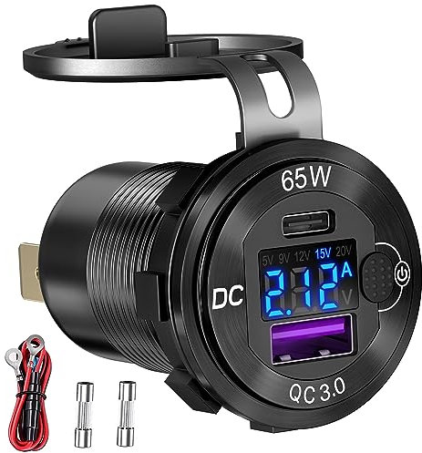 83W 12 Volt USB Outlet Built-in Boost USB C Laptop Car Charger: Ouffun 65W PD3.0 and 18W QC3.0 Car USB Port Aluminum Socket with Button Switch Smart Voltmeter, Suitable for Car RV Marine Golf Cart