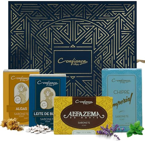 Confiança 1894 Seifenset, pflanzliche Basis zum Verschenken, Hand-, Körper- und Gesichtsseife, Geschenkpackung für Damen und Herren, Packung mit 4 Seifen, 400 g