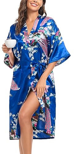 Lovasy Bademantel Damen Satin Japanisch Kimono Jacke Damen mit Gürtel Sexy Morgenmantel Leicht Pyjama für Hochzeit Braut Party,Lake Blue,XL