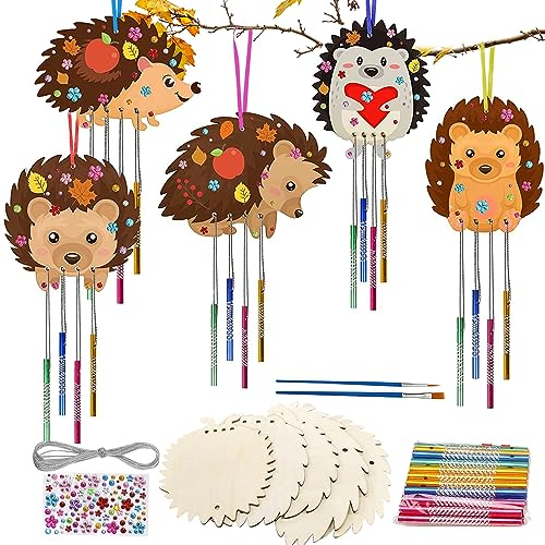 Holz Windspiel Bastelset, 5 TLG Igel Windspiel Bastelset Kinder, Herbst Basteln, Thanksgiving DIY Igel Windspiel Basteln, Herbst Kinder Bastelhandwerk mit Aufkleber für Erntedankfest Herbstdeko