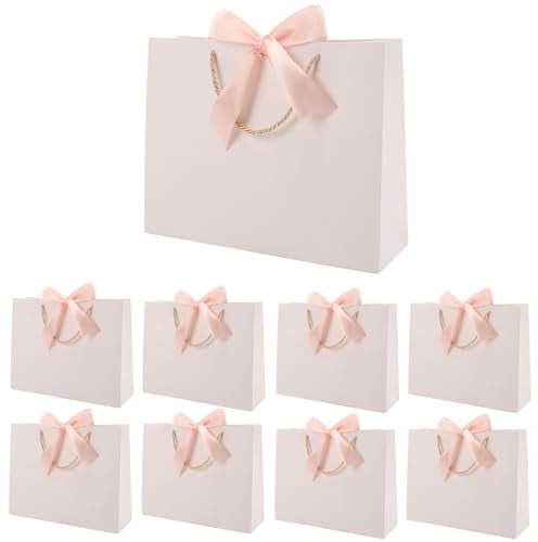 Geschenktüte mit Schleife,Geschenktüte Weiß,Geschenktaschen für Geburtstag, Hochzeit, Festivalfeier, Weihnachten,32 x 25 x 10cm, (Weiß, 8 Stück) (white rose golden)