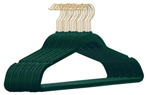 25er Set hochwertige Samt Kleiderbügel in der Farbe Dunkelgrün mit Gold Look Haken/Anti-Rutsch/von StickandShine