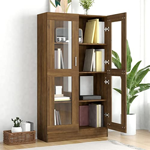 Homgoday Vitrine en verre avec 4 compartiments 2 portes, vitrine de salon, meuble de salon, buffet salle à manger, buffet cuisine Vitrine en bois d'ingénierie marron chêne 82,5 x 30,5 x 150 cm