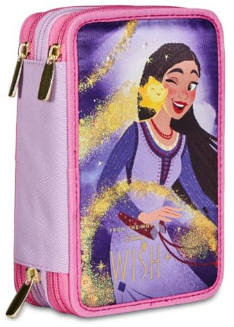 Seven Disney Federmäppchen mit 3 Fächern, Motiv: Wish Strong Heart, Bright Spirit, mehrfarbig – Federmäppchen mit mehreren Fächern mit Bleistiften, Stiften und Farben, mehrfarbig, Taglia Unica, Modern